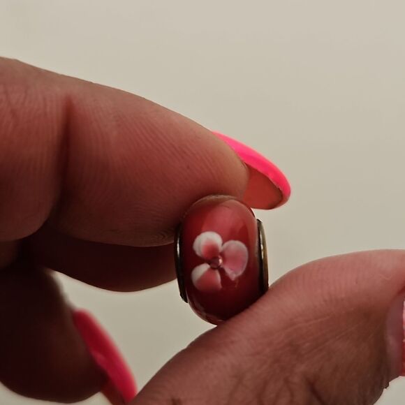 Murano Glass Bead Flower Charm Stamped 925 Burgandy/ White - Picture 11 of 16